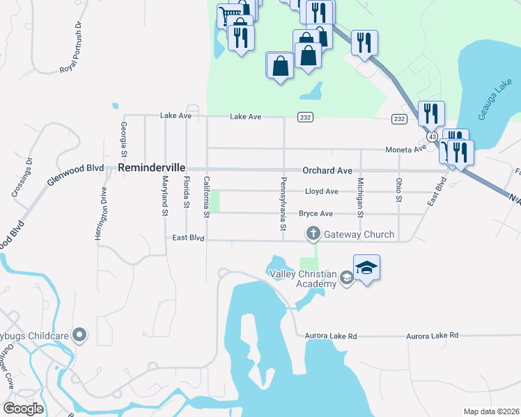 map of restaurants, bars, coffee shops, grocery stores, and more near 1175 Lloyd Avenue in Aurora