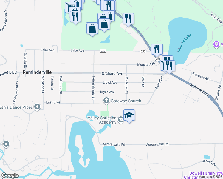 map of restaurants, bars, coffee shops, grocery stores, and more near 1055 Lloyd Avenue in Aurora