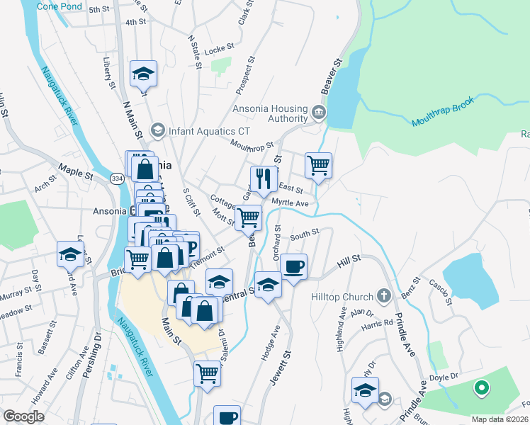 map of restaurants, bars, coffee shops, grocery stores, and more near 125 Beaver Street in Ansonia