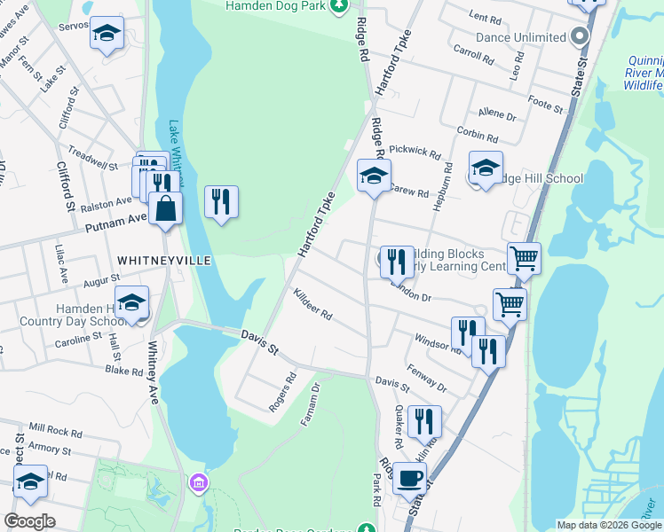map of restaurants, bars, coffee shops, grocery stores, and more near 6 Brookhaven Road in Hamden