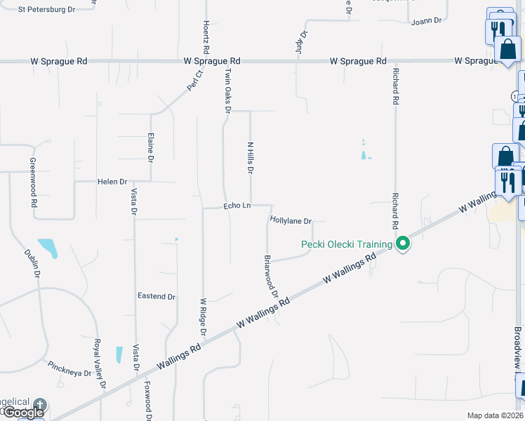 map of restaurants, bars, coffee shops, grocery stores, and more near 8125 North Hills Drive in Broadview Heights