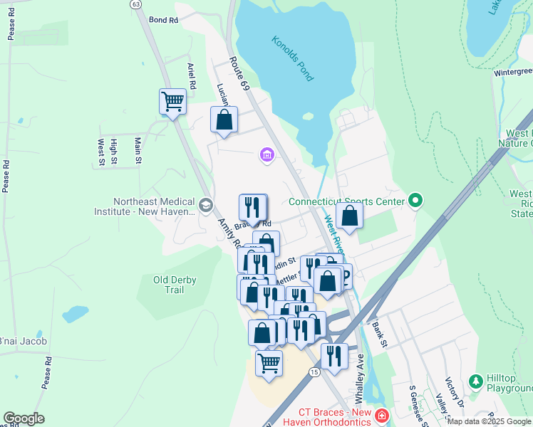 map of restaurants, bars, coffee shops, grocery stores, and more near 21 Bradley Road in Woodbridge