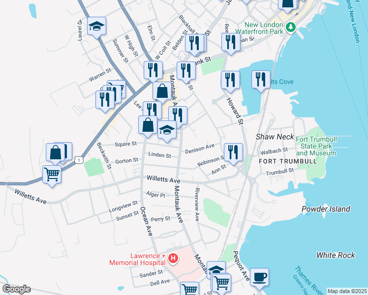 map of restaurants, bars, coffee shops, grocery stores, and more near 133 Montauk Avenue in New London