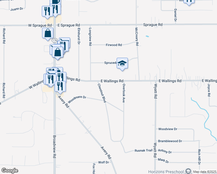 map of restaurants, bars, coffee shops, grocery stores, and more near 1306 East Wallings Road in Broadview Heights
