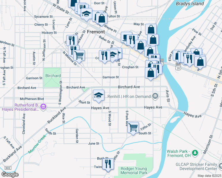 map of restaurants, bars, coffee shops, grocery stores, and more near 716 Birchard Avenue in Fremont