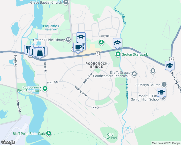 map of restaurants, bars, coffee shops, grocery stores, and more near in Groton
