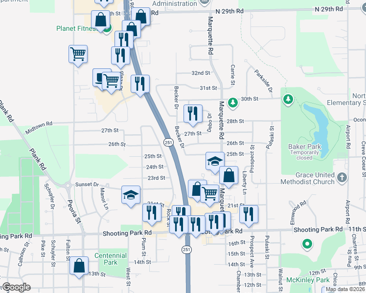 map of restaurants, bars, coffee shops, grocery stores, and more near 2599 Becker Drive in Peru