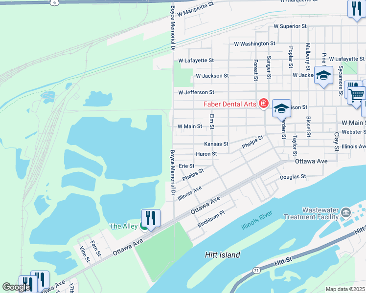 map of restaurants, bars, coffee shops, grocery stores, and more near 1620 Kansas Street in Ottawa