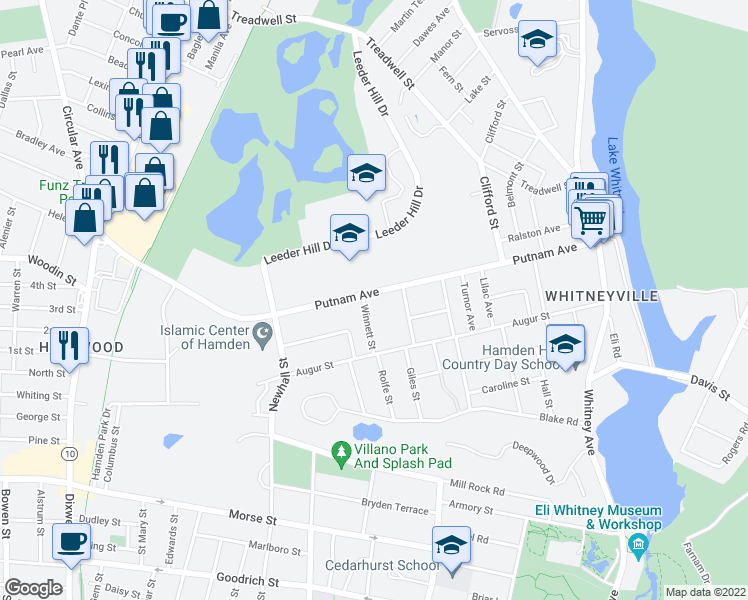 map of restaurants, bars, coffee shops, grocery stores, and more near 238 Putnam Avenue in Hamden