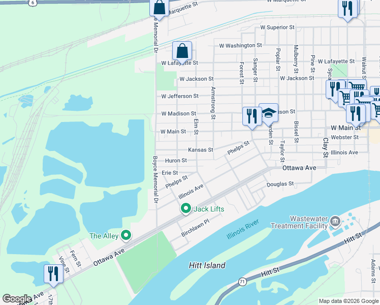 map of restaurants, bars, coffee shops, grocery stores, and more near 1434 Kansas Street in Ottawa