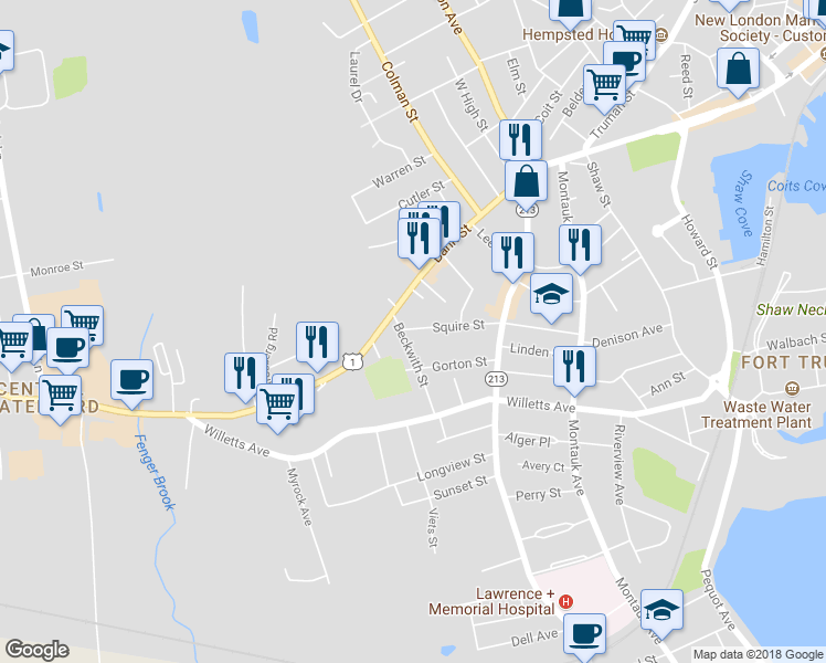 map of restaurants, bars, coffee shops, grocery stores, and more near 138 Squire Street in New London