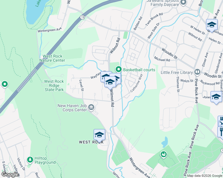 map of restaurants, bars, coffee shops, grocery stores, and more near 195 Wilmot Road in New Haven