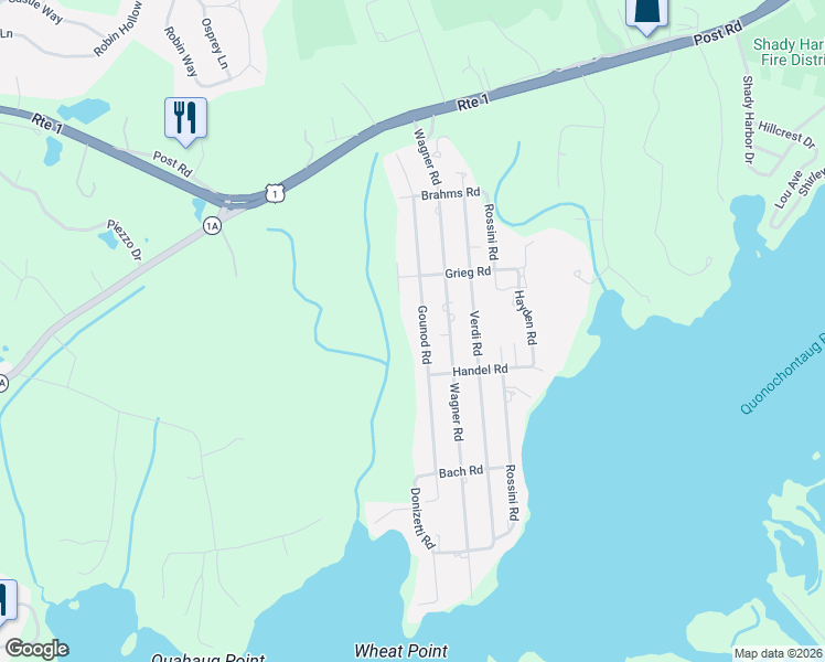 map of restaurants, bars, coffee shops, grocery stores, and more near 38 Gounod Road in Westerly