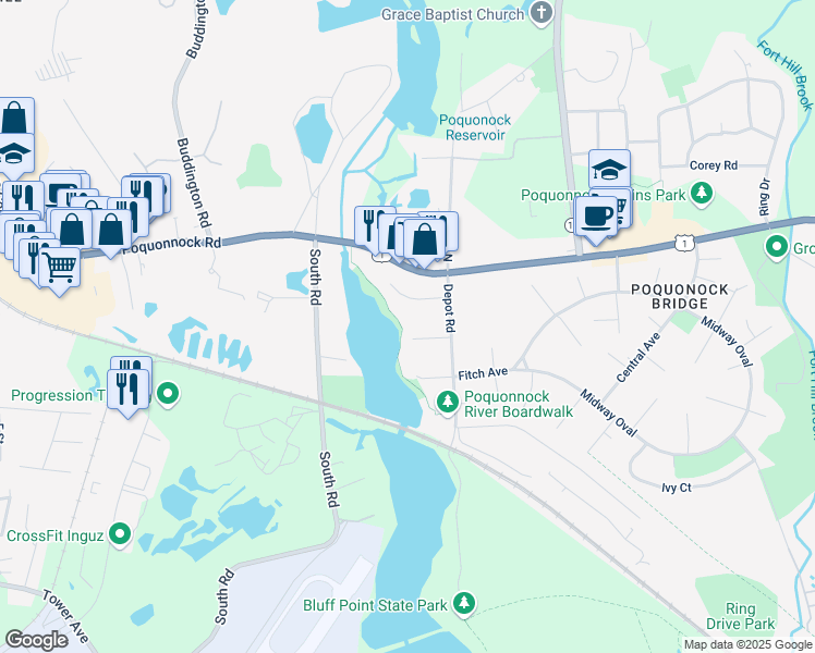 map of restaurants, bars, coffee shops, grocery stores, and more near 35 Raleigh Court in Groton