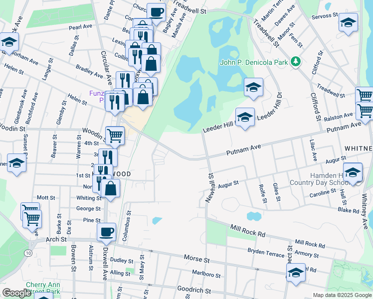 map of restaurants, bars, coffee shops, grocery stores, and more near 415 Putnam Avenue in Hamden