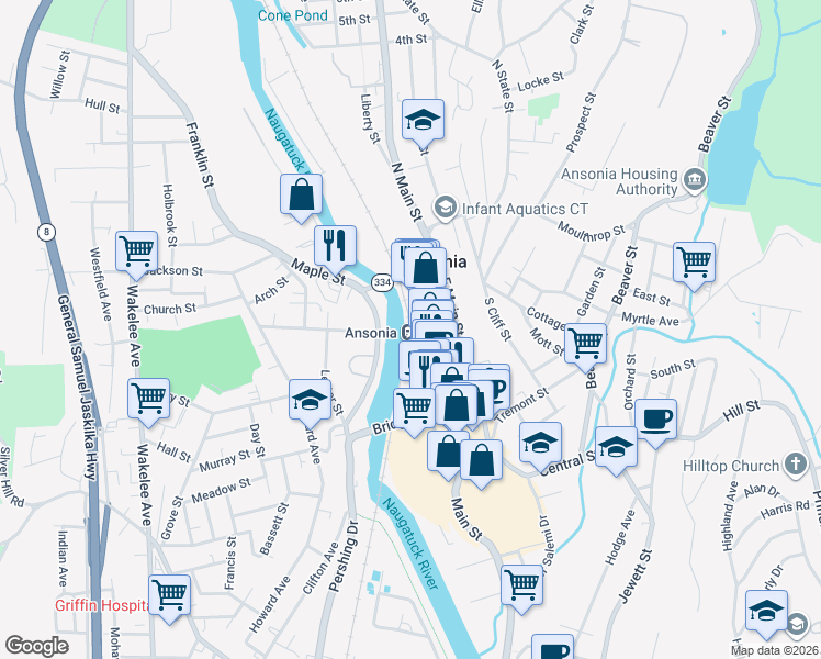 map of restaurants, bars, coffee shops, grocery stores, and more near 40 West Main Street in Ansonia
