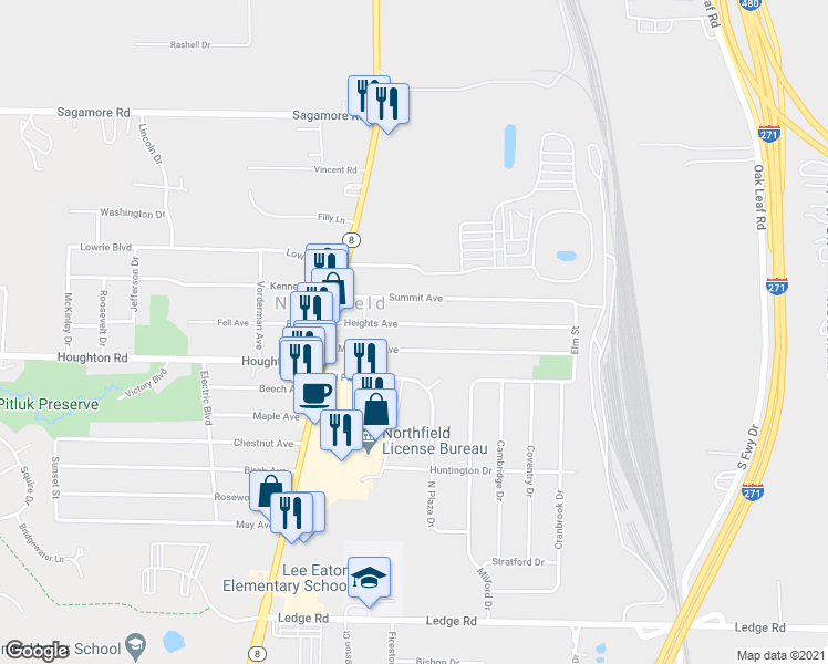 map of restaurants, bars, coffee shops, grocery stores, and more near 92 Heights Avenue in Northfield