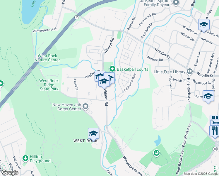 map of restaurants, bars, coffee shops, grocery stores, and more near 195 Wilmot Road in New Haven