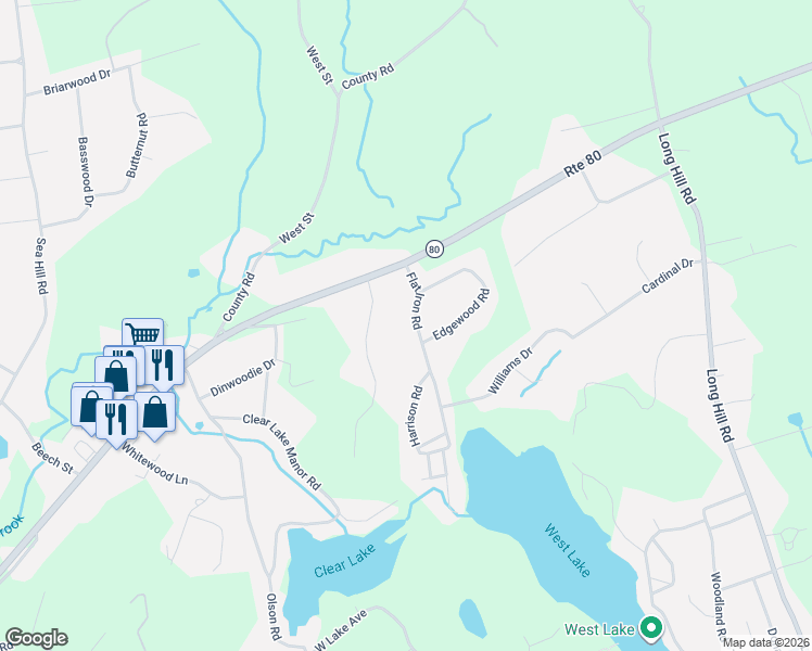 map of restaurants, bars, coffee shops, grocery stores, and more near 61 Flat Iron Road in Guilford
