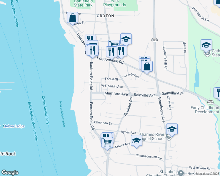 map of restaurants, bars, coffee shops, grocery stores, and more near 79 West Elderkin Avenue in Groton