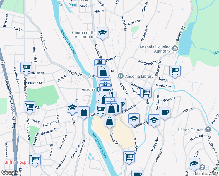 map of restaurants, bars, coffee shops, grocery stores, and more near 501 East Main Street in Ansonia