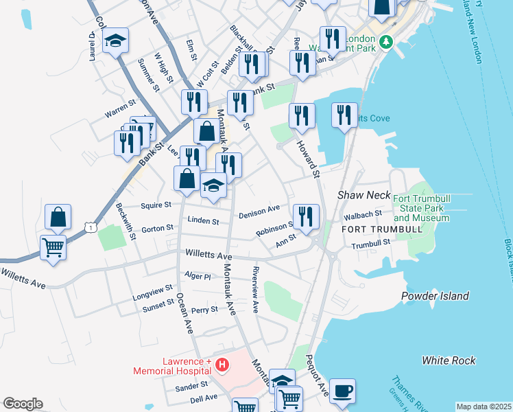map of restaurants, bars, coffee shops, grocery stores, and more near 29 Moore Court in New London