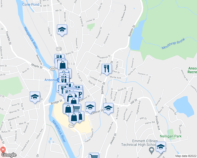 map of restaurants, bars, coffee shops, grocery stores, and more near 73 Cottage Avenue in Ansonia