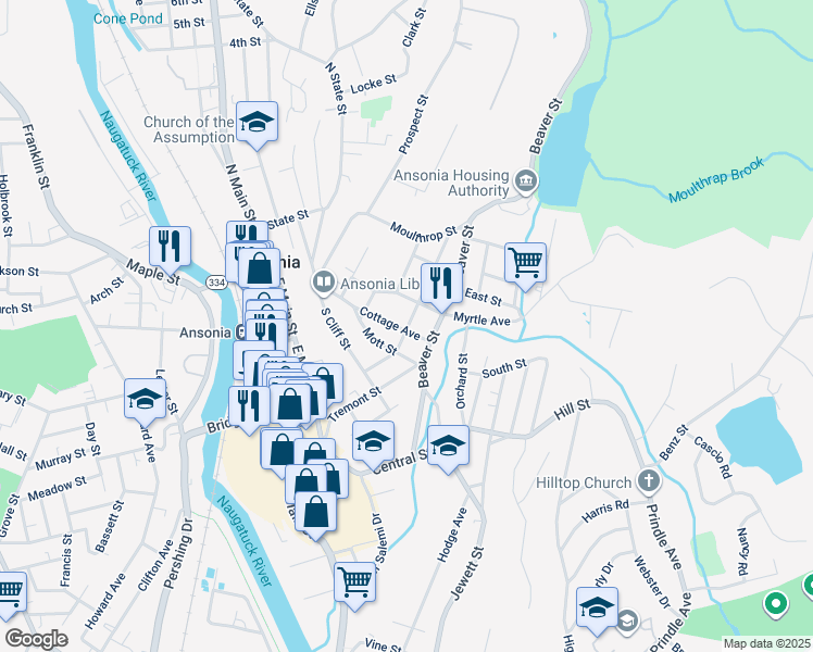 map of restaurants, bars, coffee shops, grocery stores, and more near 73 Cottage Avenue in Ansonia