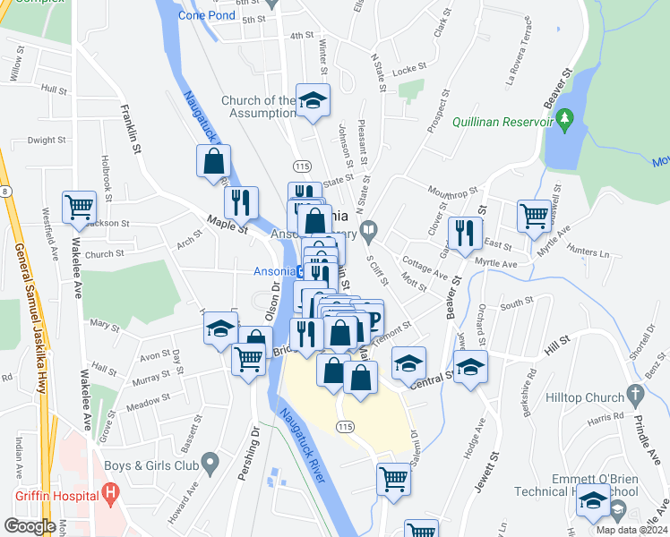 map of restaurants, bars, coffee shops, grocery stores, and more near 501 East Main Street in Ansonia
