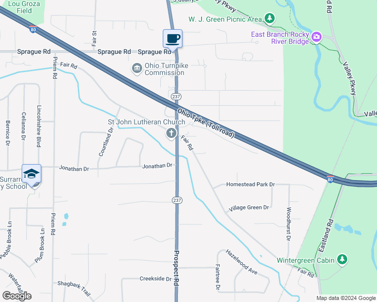 map of restaurants, bars, coffee shops, grocery stores, and more near 8860 Fair Road in Strongsville