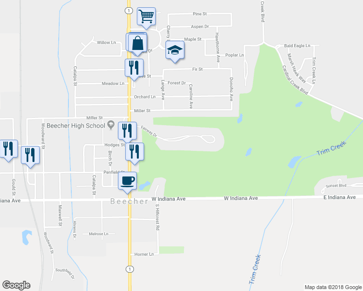 map of restaurants, bars, coffee shops, grocery stores, and more near 342 Fairway Drive in Beecher
