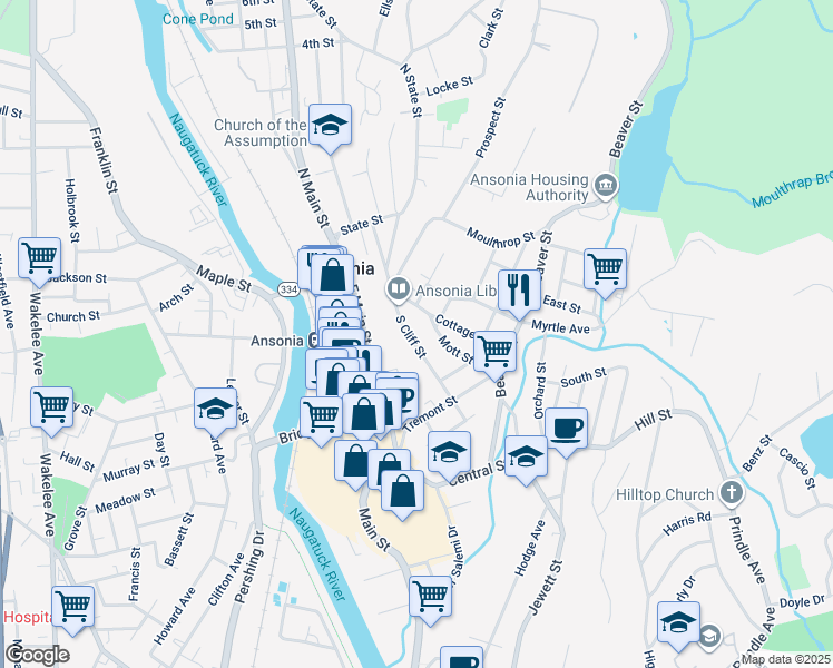 map of restaurants, bars, coffee shops, grocery stores, and more near 93 South Cliff Street in Ansonia