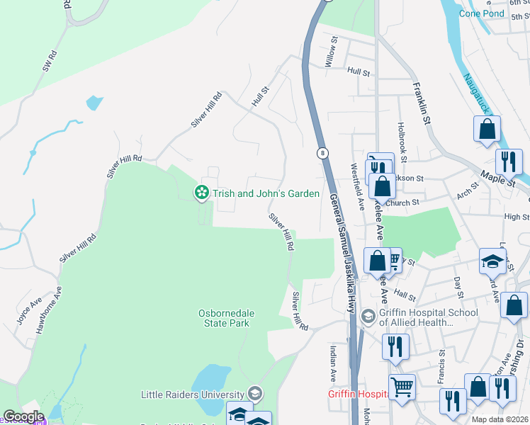 map of restaurants, bars, coffee shops, grocery stores, and more near 24 Silver Hill Road in Ansonia