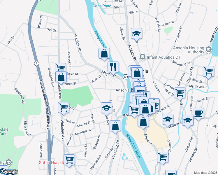 map of restaurants, bars, coffee shops, grocery stores, and more near 66 High Street in Ansonia