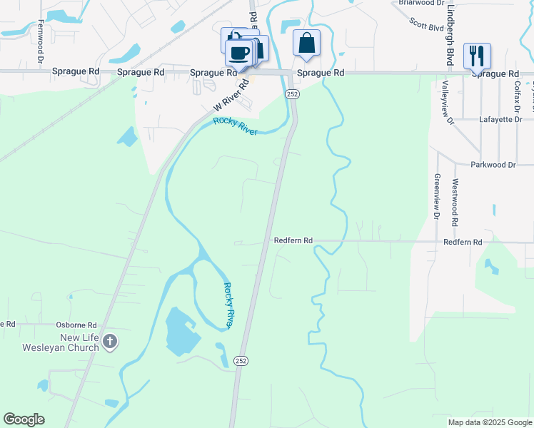 map of restaurants, bars, coffee shops, grocery stores, and more near 10506 East River Road in Columbia Station