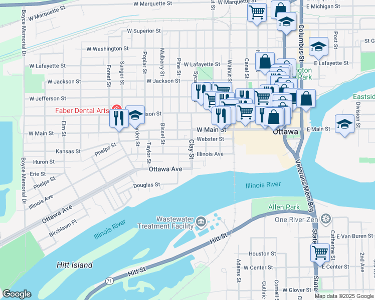 map of restaurants, bars, coffee shops, grocery stores, and more near 706 Illinois Avenue in Ottawa