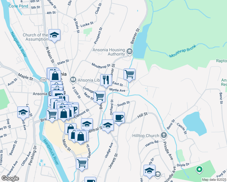 map of restaurants, bars, coffee shops, grocery stores, and more near 50 Orchard Street in Ansonia