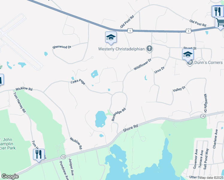 map of restaurants, bars, coffee shops, grocery stores, and more near 35 Rock Ridge Road in Westerly