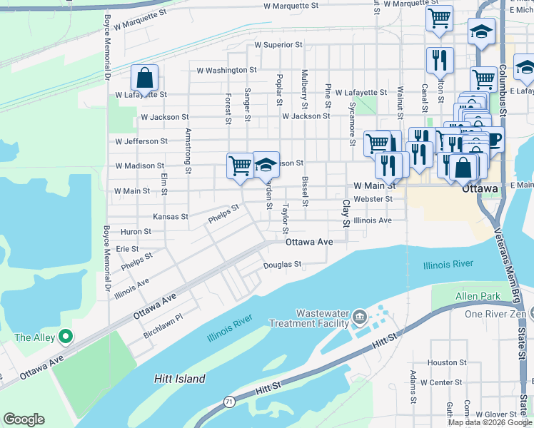 map of restaurants, bars, coffee shops, grocery stores, and more near 1102 Illinois Avenue in Ottawa