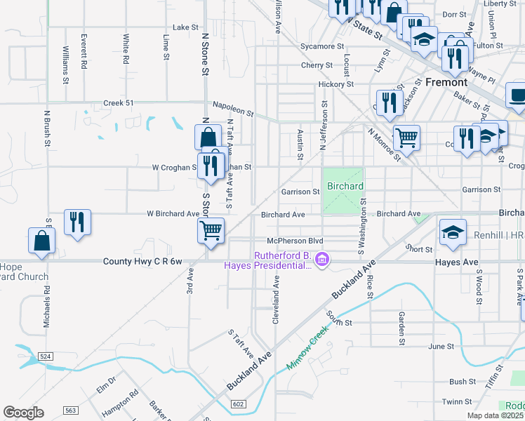 map of restaurants, bars, coffee shops, grocery stores, and more near 1718 Birchard Avenue in Fremont
