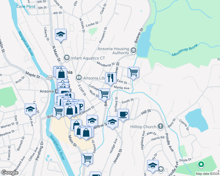 map of restaurants, bars, coffee shops, grocery stores, and more near 125 Beaver Street in Ansonia