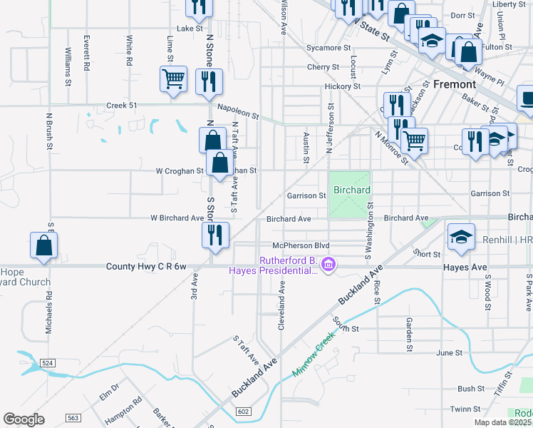 map of restaurants, bars, coffee shops, grocery stores, and more near 1718 Birchard Avenue in Fremont