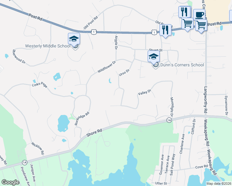 map of restaurants, bars, coffee shops, grocery stores, and more near 2 Sail View Court in Westerly