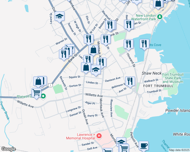 map of restaurants, bars, coffee shops, grocery stores, and more near 25 Squire Street in New London