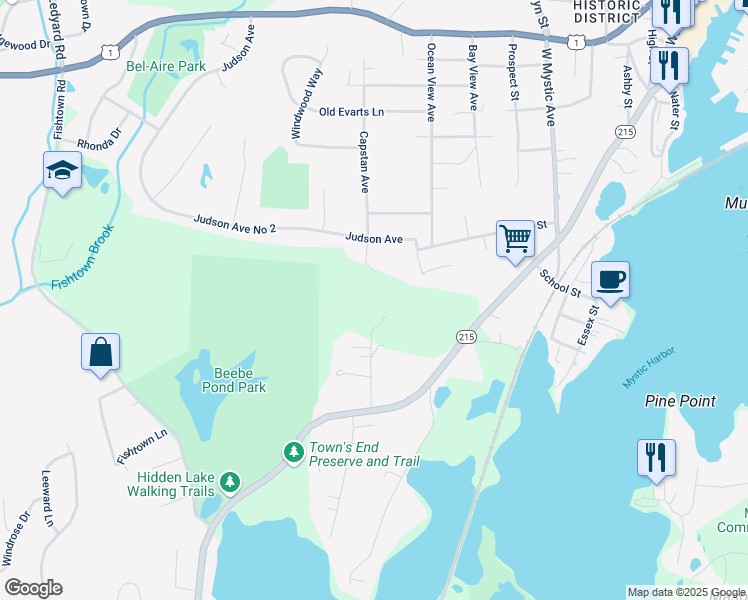 map of restaurants, bars, coffee shops, grocery stores, and more near 5 Mystic Point Lane in Stonington