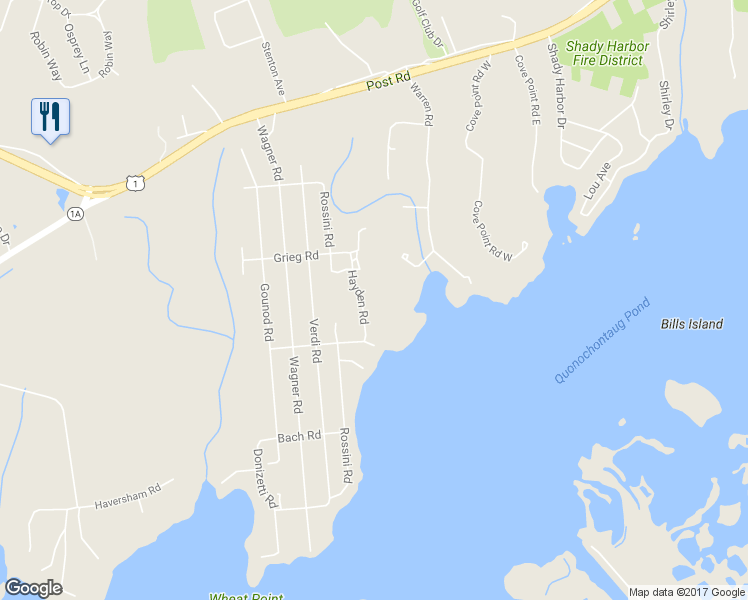 map of restaurants, bars, coffee shops, grocery stores, and more near 13 Gershwin Road in Westerly