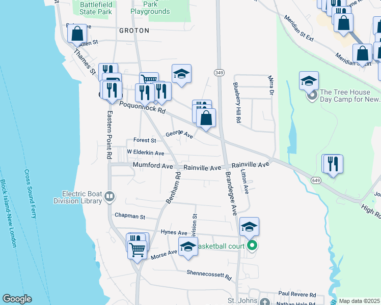 map of restaurants, bars, coffee shops, grocery stores, and more near 42 Elderkin Avenue in Groton