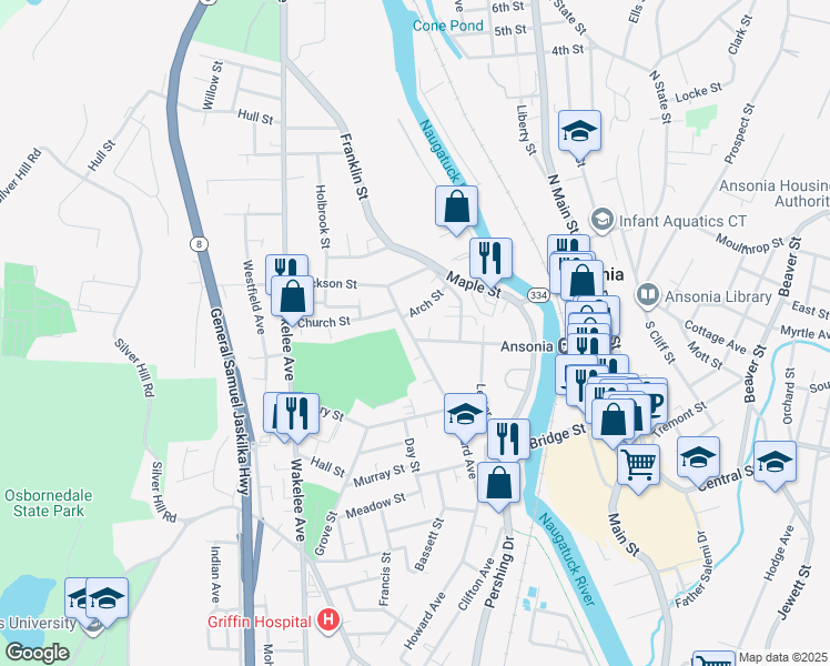 map of restaurants, bars, coffee shops, grocery stores, and more near 186 Howard Avenue in Ansonia