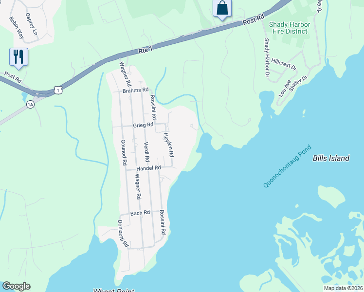 map of restaurants, bars, coffee shops, grocery stores, and more near 13 Gershwin Road in Westerly