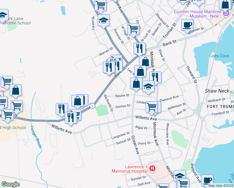 map of restaurants, bars, coffee shops, grocery stores, and more near 129 Squire Street in New London